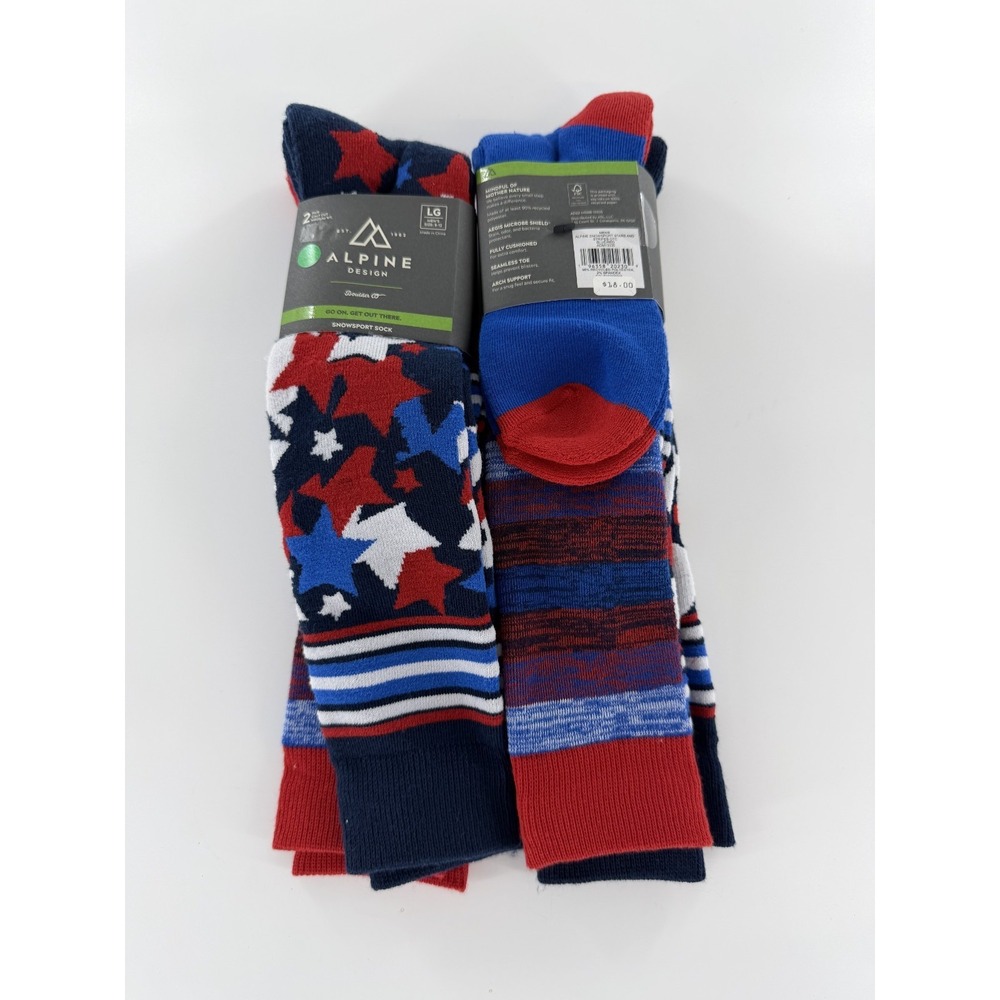 Alpine Design 4 Pairs 2 Packs Snowsport Socks‎ Stars Stripes Red SIZE L Mens New